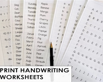 Hojas de trabajo imprimibles para practicar la escritura a mano (A4 - 12 páginas) / Práctica de mayúsculas, minúsculas, formas y trazos / Hojas de práctica de escritura a mano en inglés