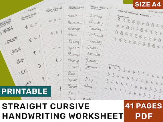 Printable Straight Cursive handwriting worksheet | Handwriting worksheets | Straight cursive handwriting practice | size- A4 PDF | 41 Pages