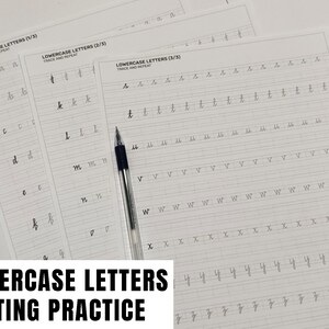May include: Three worksheets for lowercase letter writing practice, with the text "Lowercase Letters Writing Practice" at the bottom. A black pen rests on the pages, which feature lines and letter examples for tracing and repetition.