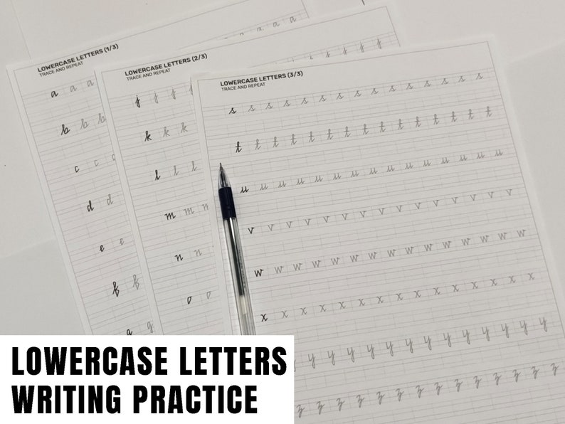May include: Three worksheets for lowercase letter writing practice, with the text "Lowercase Letters Writing Practice" at the bottom. A black pen rests on the pages, which feature lines and letter examples for tracing and repetition.