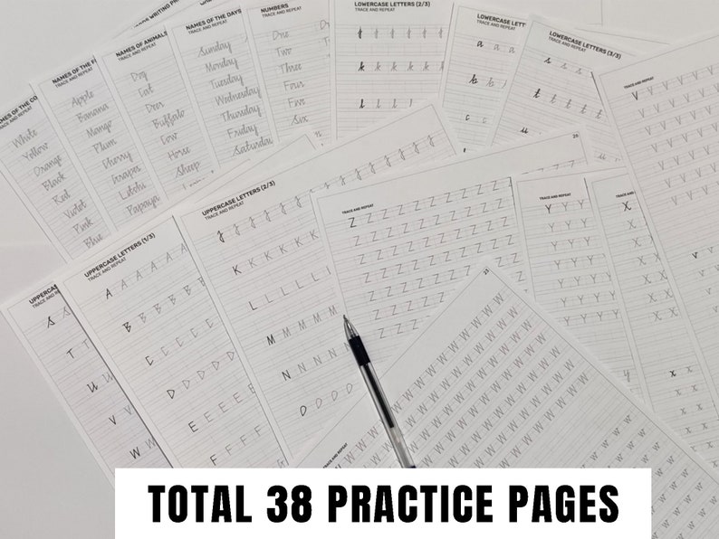 May include: A collection of 38 handwriting practice pages, featuring uppercase and lowercase letters, numbers, and words. The pages include tracing exercises for letters, names of animals, days of the week, and colors. A black pen rests on the pages.