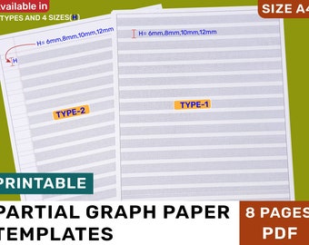 Plantillas imprimibles de papel cuadriculado parcial para prácticas de escritura a mano / 8 páginas / Tamaño: A4 / PDF