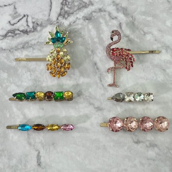 3 Pcs Set Pineapple/ Flamingo Hair Clips Rhinestone Crystal Shine Barrette Hairpin Hair Accessories Bridal Hairpins for Wedding