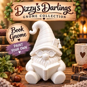 A white unpainted 3D printed gnome figurine wearing glasses and holding an open book, posed among books and acorns on a wooden surface with promotional text overlay.
