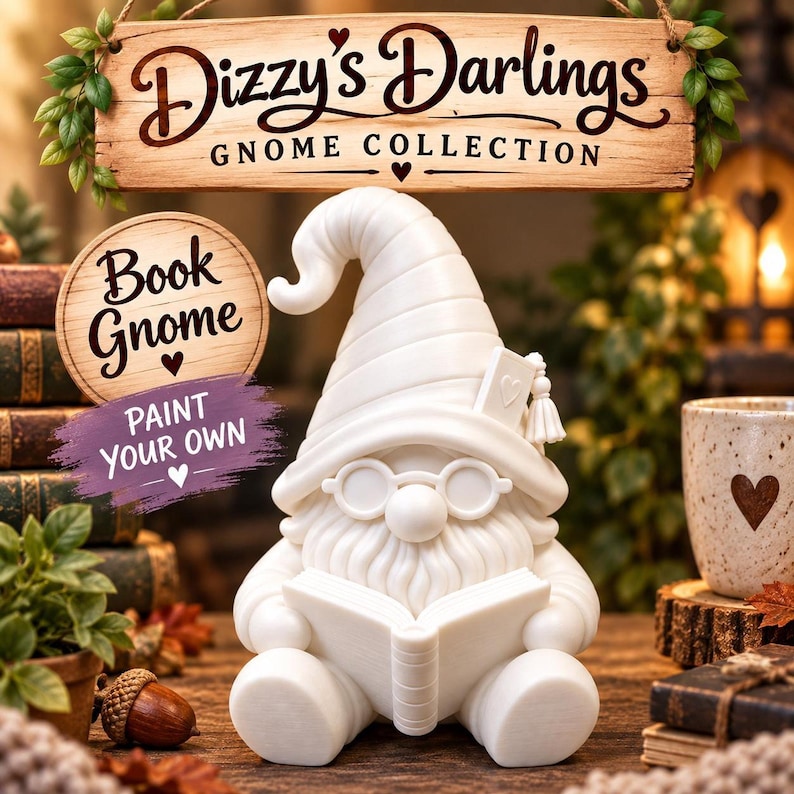 A white unpainted 3D printed gnome figurine wearing glasses and holding an open book, posed among books and acorns on a wooden surface with promotional text overlay.