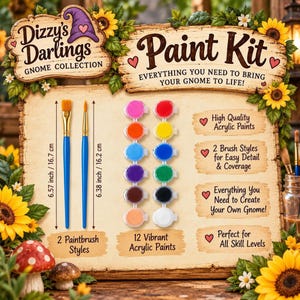 A paint kit display showing two blue paintbrushes, twelve small pots of acrylic paint, and text describing the contents against a decorated floral background.