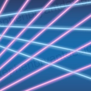 May include: Abstract background with pink and blue neon laser lights crossing over a dark blue background.