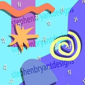Può includere: Design geometrico astratto con uno schema di colori viola, blu e giallo. Il design presenta una forma a stella, una spirale e una linea curva. Il testo "stephenbryantdesigns" è ripetuto in tutta l'immagine.