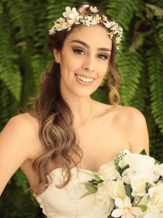 White And Gold Flower Crown Wedding Flower Headpiece Bridal Flower Crown Floral Hairpiece