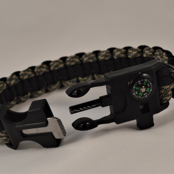 Paracord Survival Bracelet, whistle, compass, ferrocerium rod, whistle