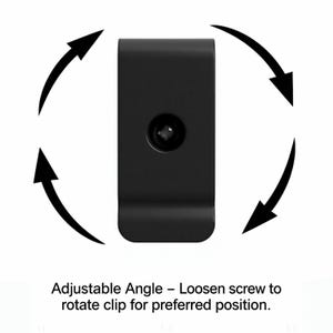 May include: A black metal clip with a curved bottom and a screw in the center. The text "Adjustable Angle - Loosen screw to rotate clip for preferred position" is below the clip, with arrows indicating rotation.