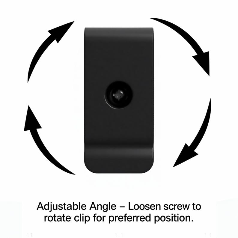 May include: A black metal clip with a curved bottom and a screw in the center. The text "Adjustable Angle - Loosen screw to rotate clip for preferred position" is below the clip, with arrows indicating rotation.