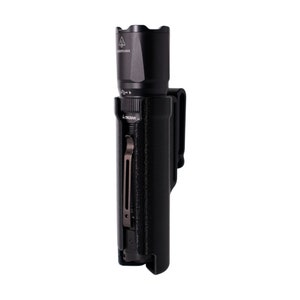 May include: A black flashlight with a black holster. The holster has a belt clip and a retention strap. The flashlight has a textured grip and a black bezel.