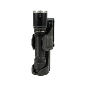 May include: A black Fenix TK16 flashlight in a black holster. The flashlight has a silver bezel and the text "Fenix TK16" printed on the side. The holster has a belt clip.