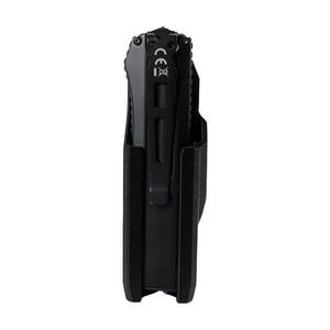 May include: A black multi-tool with a pocket clip, housed in a black sheath. The tool features a variety of functions and is designed for everyday carry. The sheath has a textured surface.