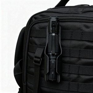 May include: A black tactical flashlight secured to a black backpack with a MOLLE system. The flashlight is held in a black holster, with a clip for attachment. The image shows the flashlight's textured grip and the holster's design.