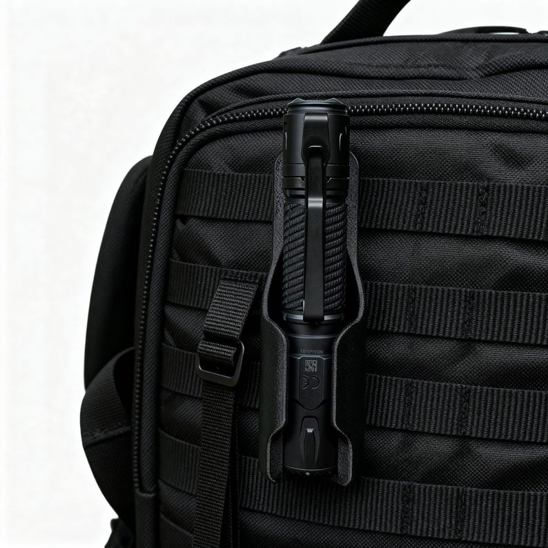 May include: A black tactical flashlight secured to a black backpack with a MOLLE system. The flashlight is held in a black holster, with a clip for attachment. The image shows the flashlight's textured grip and the holster's design.