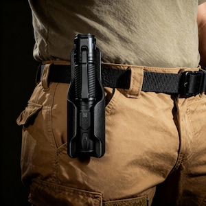 May include: A black tactical flashlight in a black holster attached to a brown belt. The flashlight is cylindrical with a textured grip. The holster has a clip for secure attachment. The person is wearing khaki pants and a green shirt.