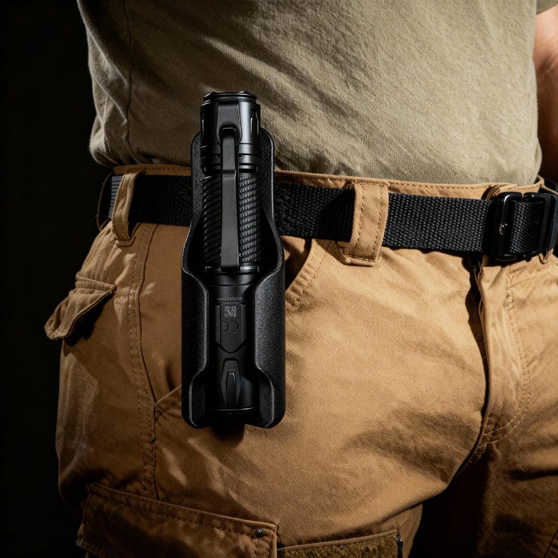 May include: A black tactical flashlight in a black holster attached to a brown belt. The flashlight is cylindrical with a textured grip. The holster has a clip for secure attachment. The person is wearing khaki pants and a green shirt.
