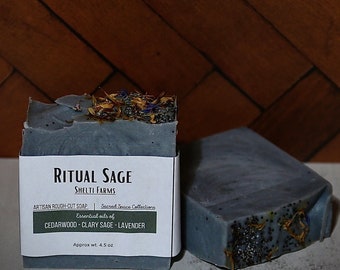 Ritual Sage - Natural Bar Soap • Lavender|Clary Sage|Cedarwood|Charcoal • Medium Grit - Rough Cut