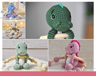 Dinosaur stroller chain, various colors • Handmade • 100% cotton • Baby gift • Baby toy • Stroller accessory