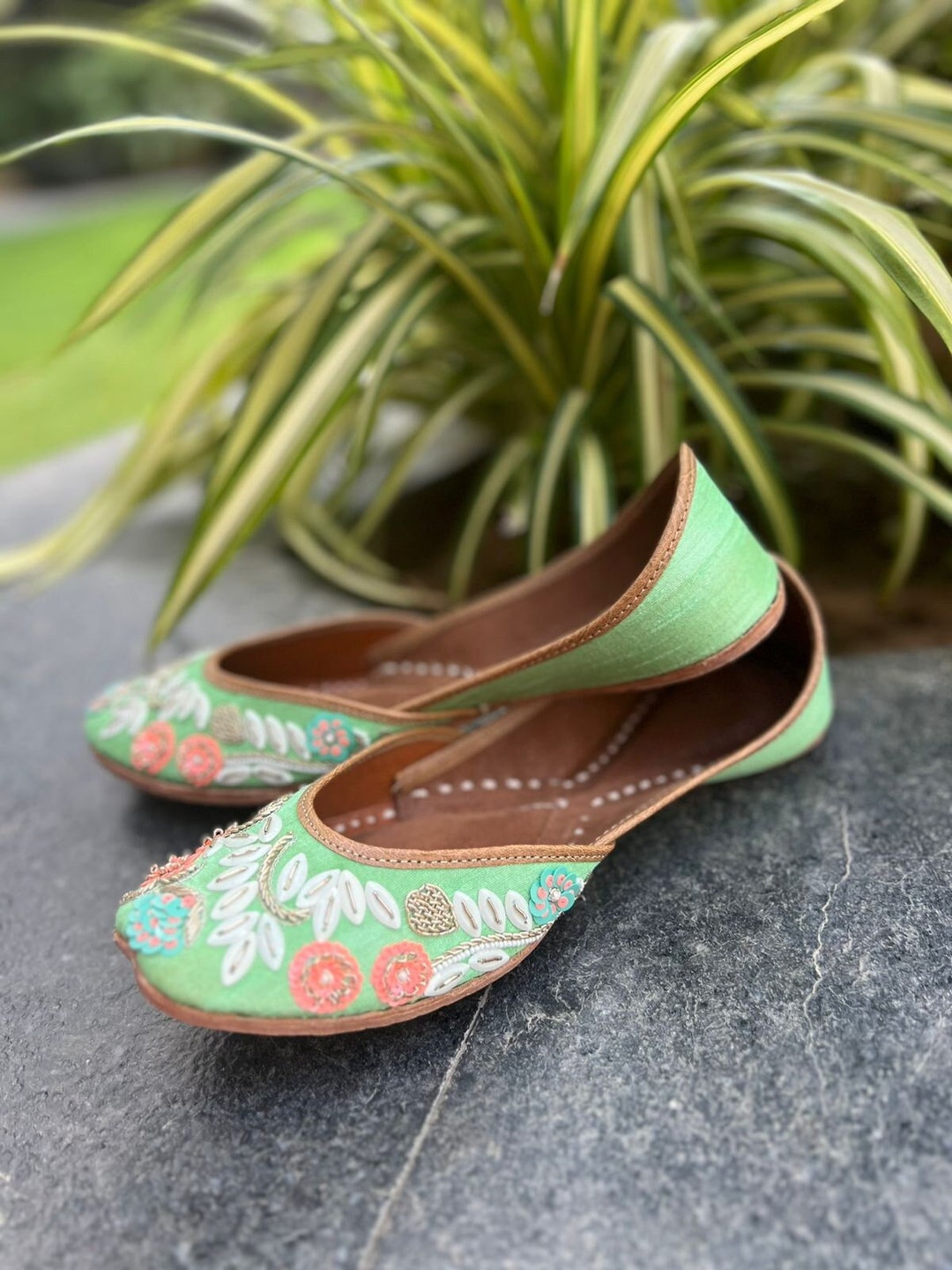 Green Punjabi Jutti Embroidered Shoes for Women Bridal Flats Etsy
