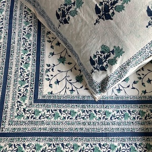 Sábanas indias, estampadas a mano con bloques, tamaño Queen 90x108 pulgadas, estampado floral azul y diseño Jaal, juego de sábanas de algodón con 2 fundas de almohada.
