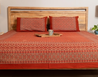 Handblok bedrukt rood ajrakh-katoenen laken 90 x 108 inch, Indiase queensize, 2 kussenslopen, etnische traditionele sprei