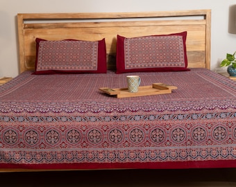 Red Grey Ajrakh Print Cotton Bedsheet Queen Size 90x108 with 2 Pillow Covers, Ethnic Handmade Boho Bedding Set