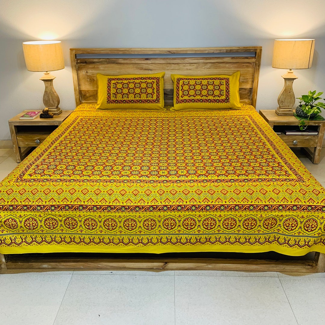90 108 Size Cotton Bedsheet With Pillow Cover Ajrakh Block Print Indian