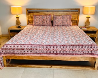 Set di lenzuola matrimoniali in puro cotone Queen Size / Copriletto stampato a mano indiano / Set di biancheria da letto con 2 federe / Copriletto/copriletto