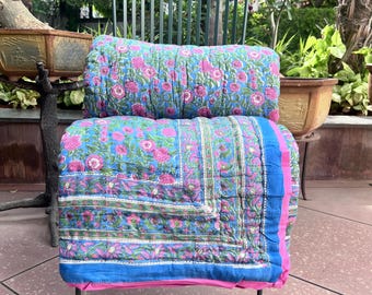 Reversible Indian Hand Block Printed Single Quilt 60x90 Inches, Cotton Quilt, Blue with pink Floral Indian Bedspread, Lightweight Dohar