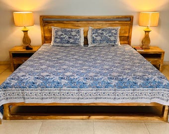Set di lenzuola con stampa a blocchi di mano e 2 federe, lenzuolo matrimoniale piatto floreale in 100% cotone biologico per l'arredamento della casa