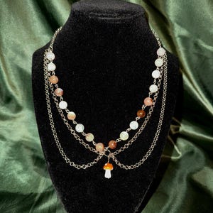 handmade beaded mushroom silver chain necklace