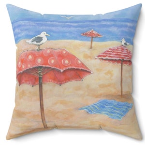 Seagulls Beach Scene Throw Pillow: Whimsical Ocean Art