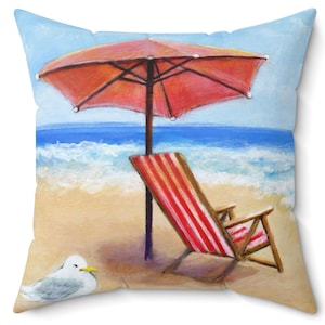 Beach Scene Throw Pillow: Red Stripe Chair, Seagull Art