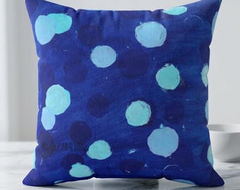 Blue Painted Polka Dot Abstract Pillow