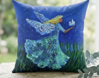Kussen engel met duif | Decoratief sierkussen Blue Night Sky