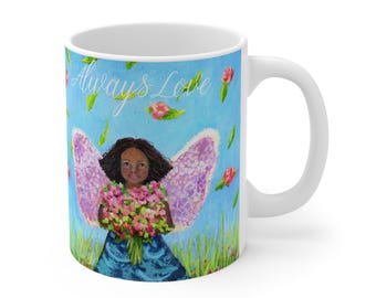 Angel with Roses Ceramic Mug: Celestial Coffee Cup Gift