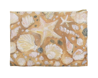 Sea Shells Accessory Pouch, Sandy Beach Shell Zipper Fabric Bag, Ocean Shore Art Pencil Case, Small Seashore Travel Bag