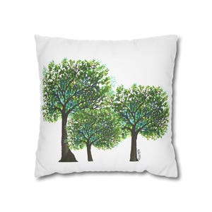Capa de almofada quadrada com detalhes em árvores verdes felizes respiram, capa de almofada decorativa com árvores frondosas, decoração natural fresca em tons de verde e azul