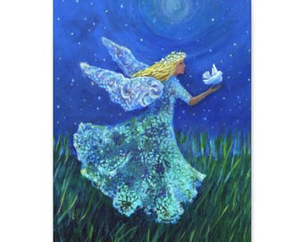 May include: A painting of a fairy with blue wings and a blue dress, holding a white dove in a field of green grass under a starry night sky.