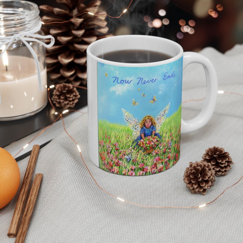 Angel in Garden Coffee Mug: 'Now Never Ends' Design, 11oz Ceramic Mug image 3