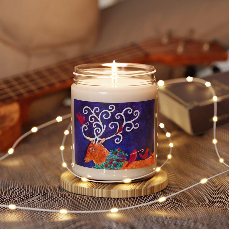 Swirly Reindeer With Red Bird Friends Holiday Scented Soy Candle by