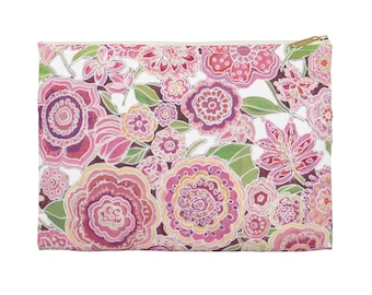 Boho Flowers Accessory Pouch, Contemporary Pink Floral Zipper Flat Pouch Cosmetic Bag, Unique Flower Art Soft Pencil Case Travel Bag Gift
