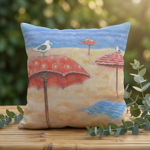 Almofada para área externa com estampa de gaivotas e guarda-sóis de praia | Decoração de verão para pátio