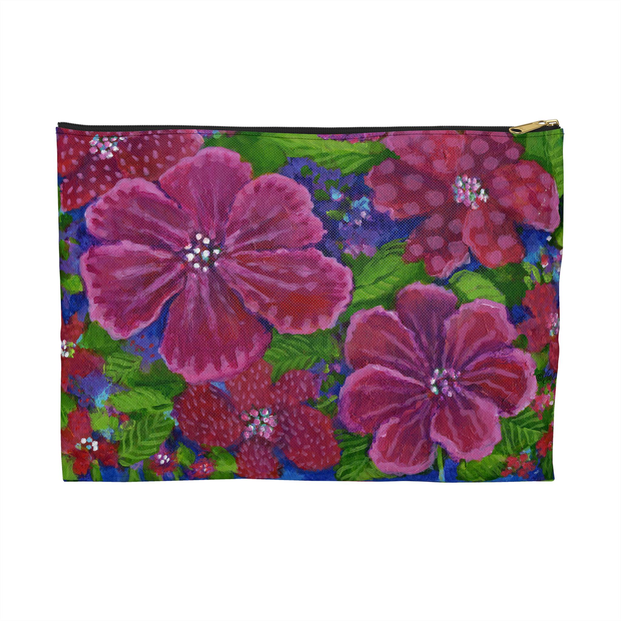 Moon Flower Accessory Pouch, Rich Dark Burgundy Floral Zipper Fabric Bag, Vibrant Botanical Dark Floral Tapestry Style Pencil Case Pouch