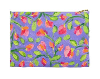 Scattered Pink Flowers Accessory Pouch, Charming Floral Zipper Bag, Botanical Flower Soft Pencil Case, Pink Flower Design Pouch Bag Gift