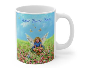 Taza de café "Ángel en el jardín": Diseño "Ahora nunca termina", cerámica de 325 ml