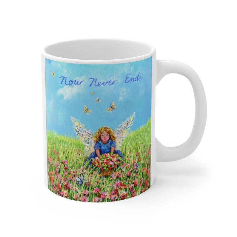 Angel in Garden Coffee Mug: 'Now Never Ends' Design, 11oz Ceramic Mug image 1